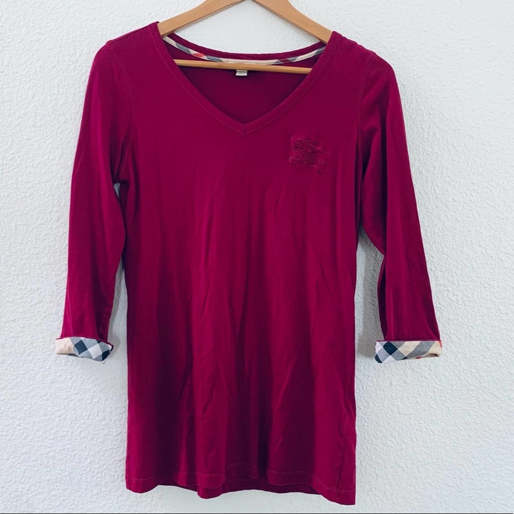 Burberry Brit v neck 3/4 long sleeve top burgundy size small